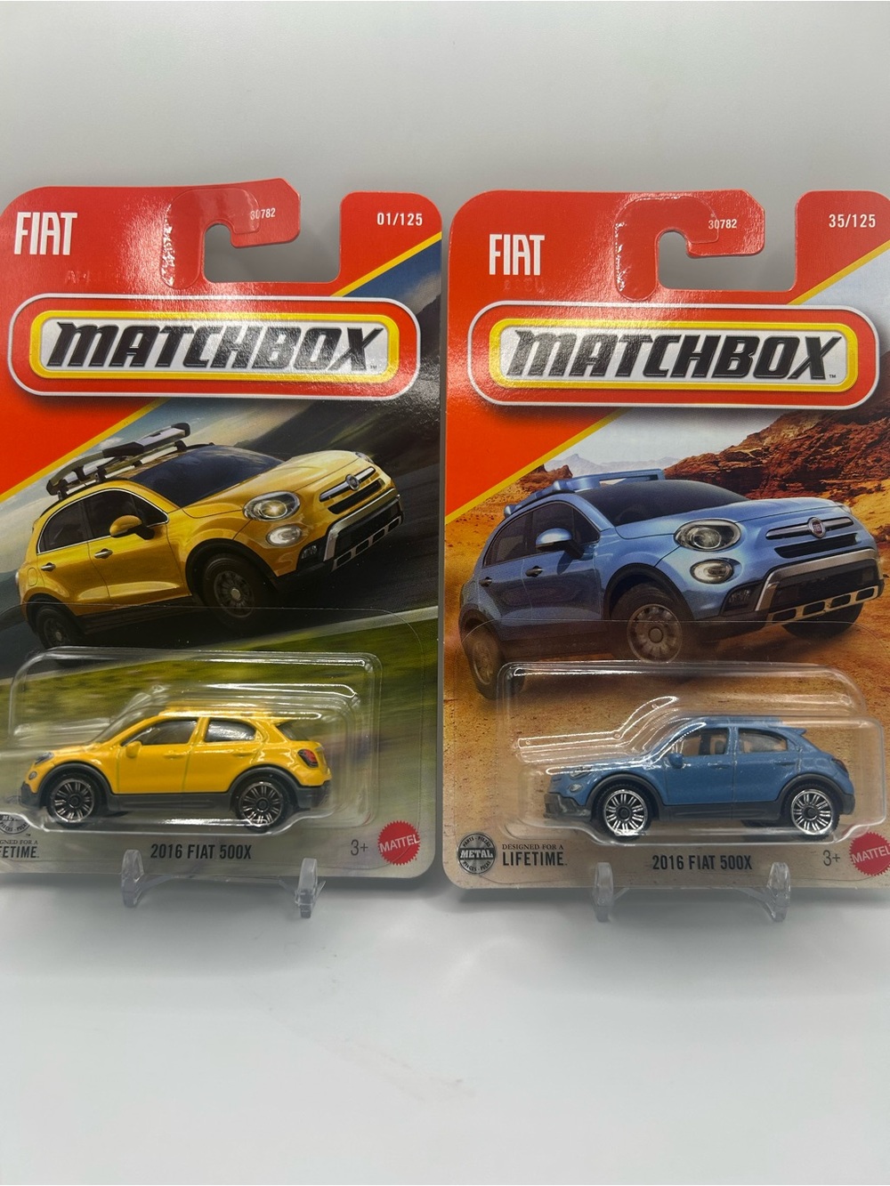 Matchbox 2016 Fiat 500X cars in Yellow & Blue